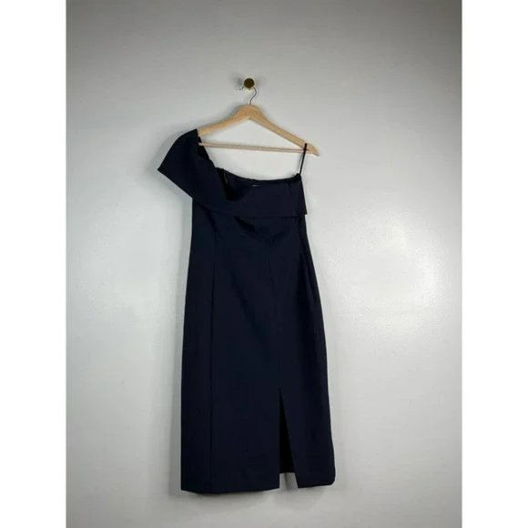 Eliza J Off The Shoulder Scuba Crepe Cocktail Dress Front Slit Navy Size: 6 NWOT - Picture 2 of 9
